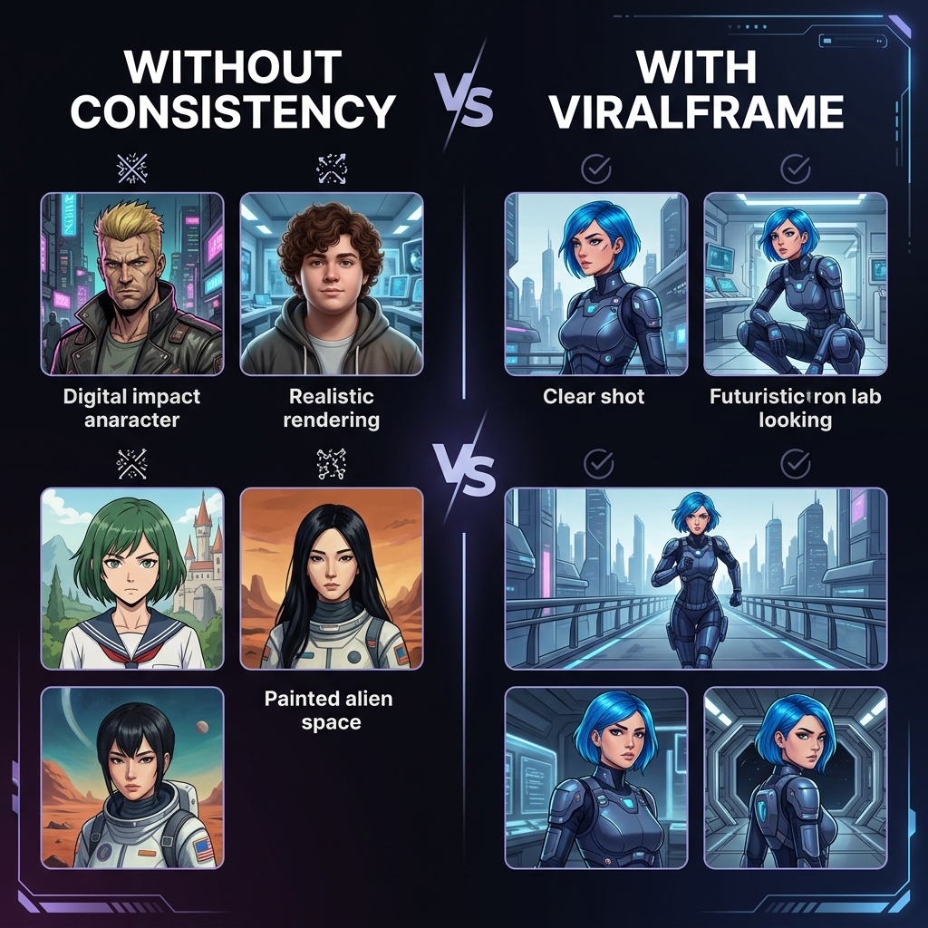 Character consistency comparison — without vs with Viralframe