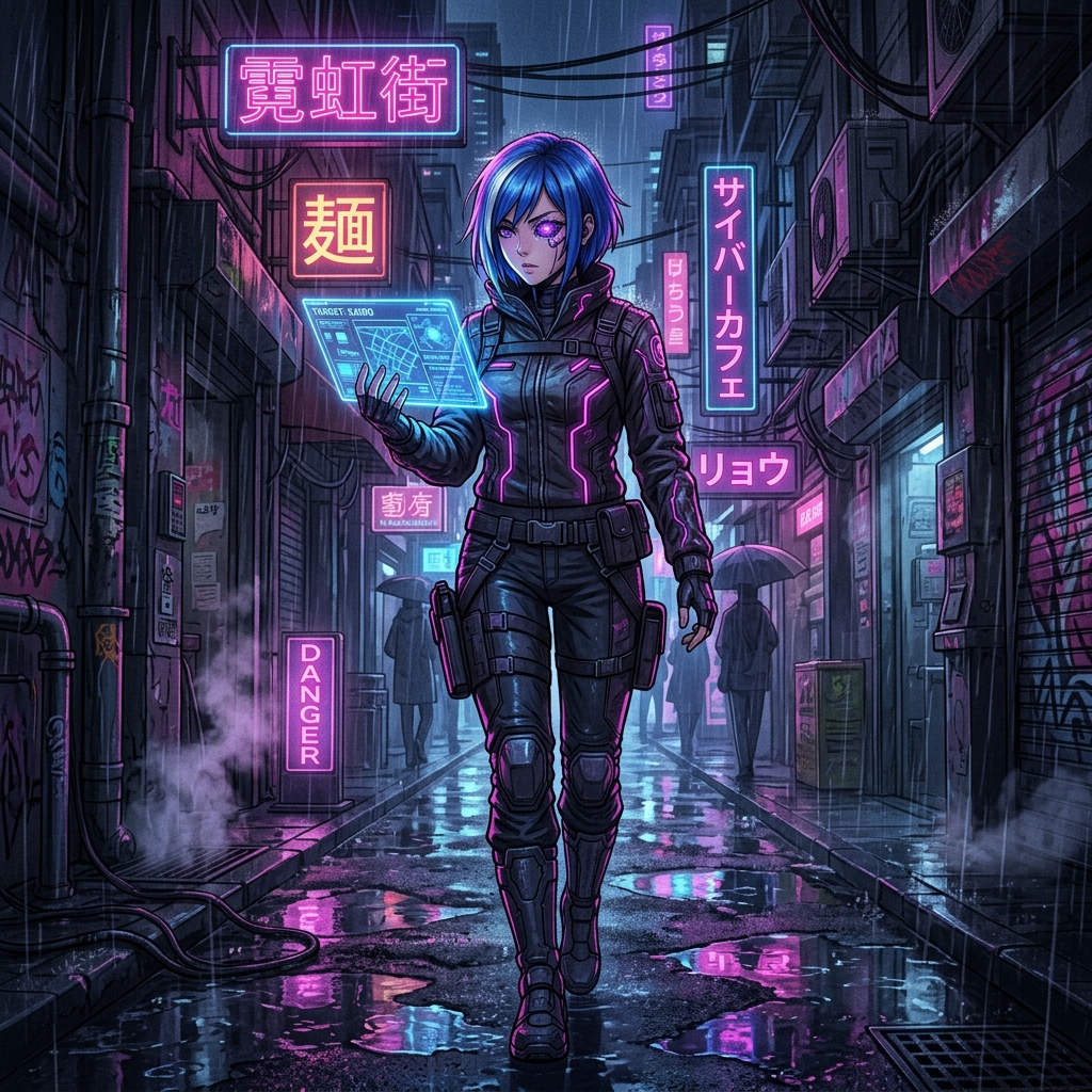 Character in rain-soaked alley