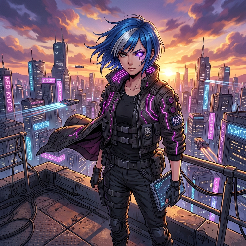 Character on rooftop at sunset